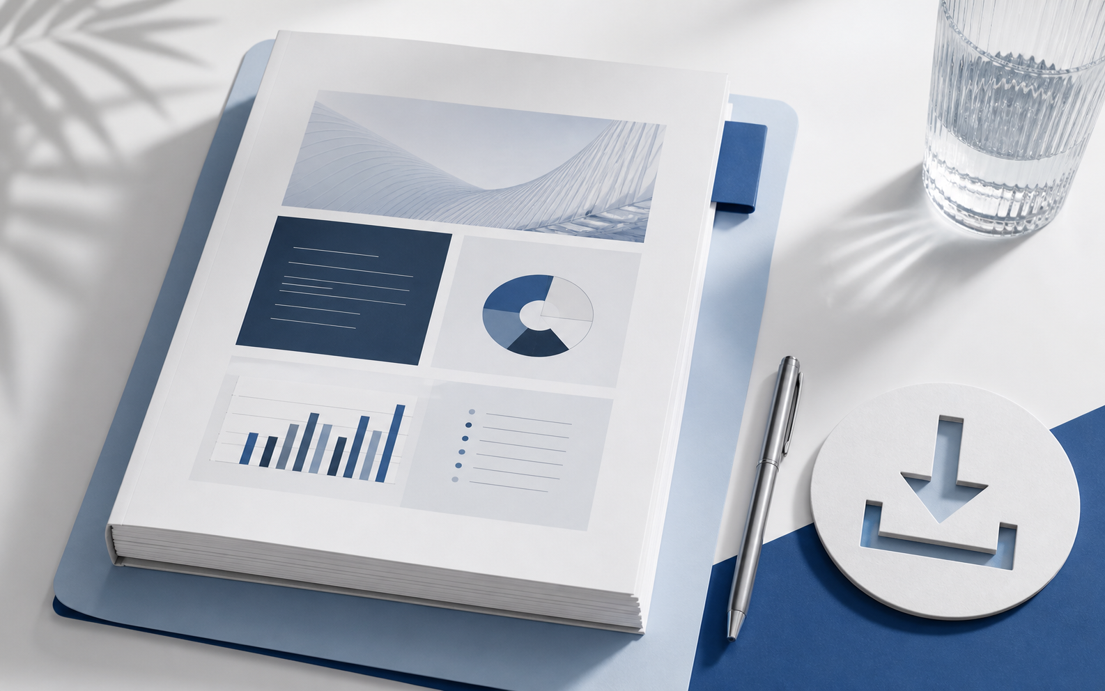 Printed proposal pack with charts and a download symbol